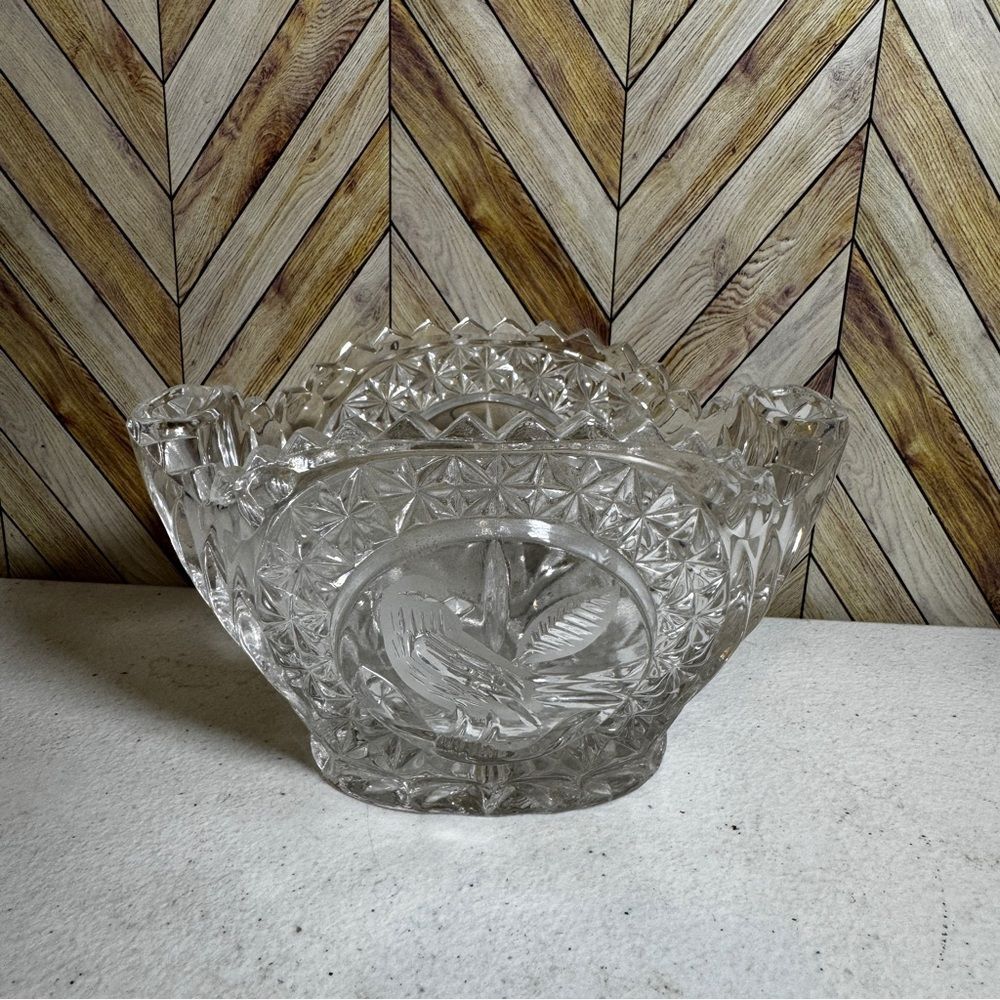 Vintage 1950s Clear Crystal Glass Bird Themed Hofbauer German Dish [Item 987]